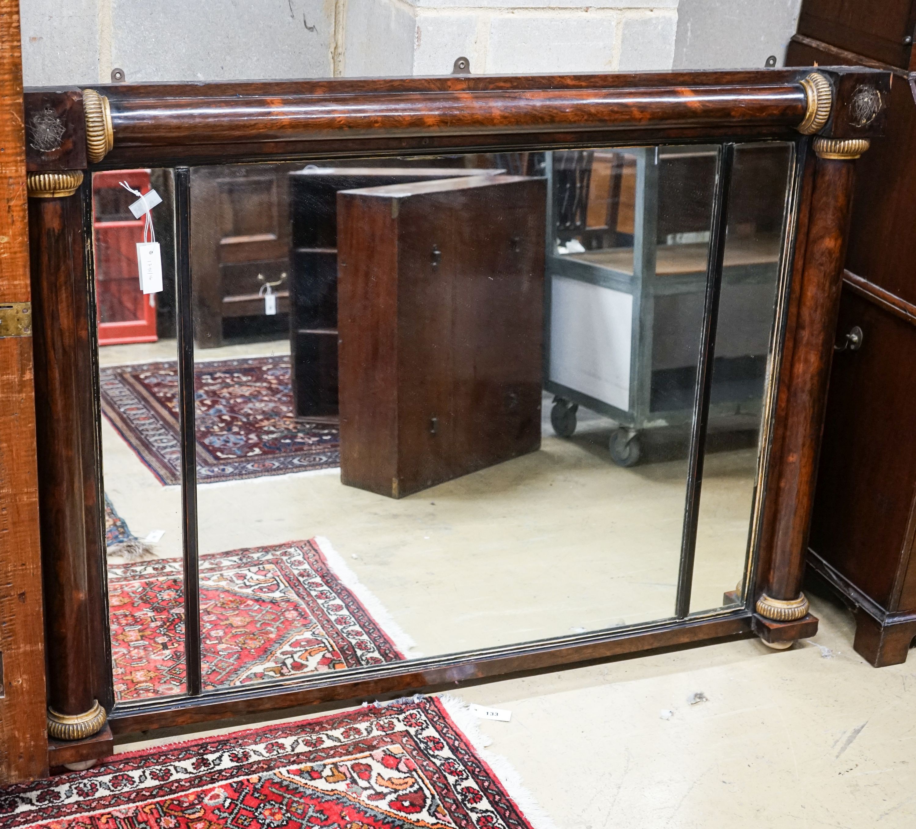 A Victorian parcel gilt rosewood overmantel mirror, width 139cm, height 102cm